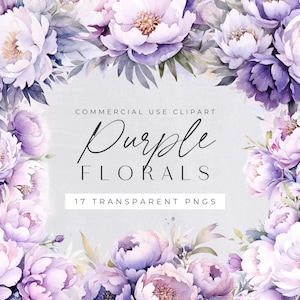 Clipart floral morado, flores de acuarela lila y lavanda, uso comercial, PNG transparentes, ramos de flores para invitaciones de boda y poses