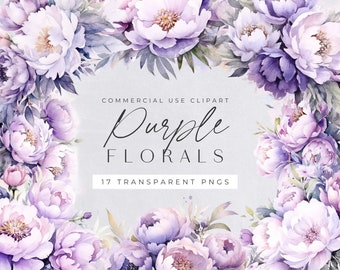 Purple Floral Clipart, Lilac and Lavender Watercolor Flowers, Commercial Use, Transparent PNGs, Wedding Invitation Florals Bouquets & Pose