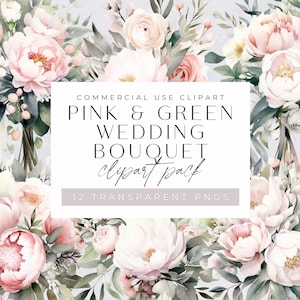Rosa und grüner Hochzeitsstrauß-Clipart-Pack, Aquarellblumen, Sommerblumenstrauß für kommerzielle Nutzung, Einladungen, transparente PNGs,