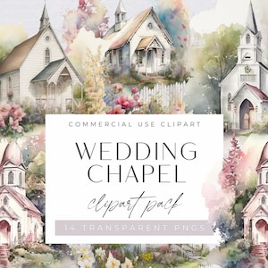May include: Watercolor clipart pack featuring multiple white wedding chapels surrounded by flowers and greenery. The text "Wedding Chapel Clipart Pack" is displayed with "Commercial Use" and "14 Transparent PNGs".