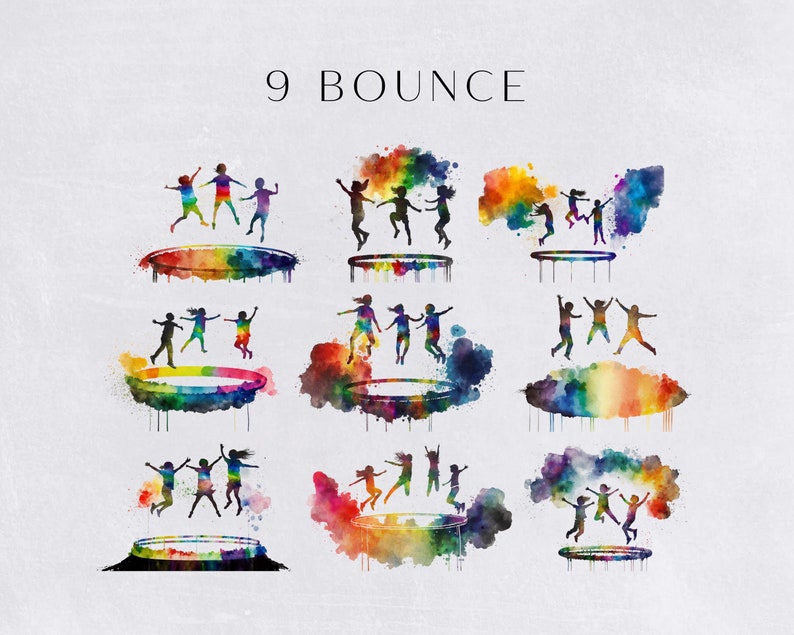 Clipart acquerello trampolino, invito rimbalzante, invito di compleanno salta uso commerciale, PNG trasparenti, clip art arcobaleno luminoso e colorato immagine 2