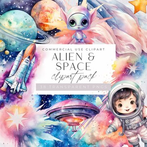 Baby Aliens Clipart, Watercolor Cute Astronaut Space Clip Art, Planets and Space Ship, Outer Space, Solar System, Commerical Use, Digital