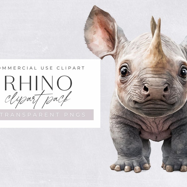 Clipart aquarelle de rhinocéros, clipart de rhinocéros mignon à usage commercial, PNG transparents, animaux de la jungle, animal de zoo Safari africain,