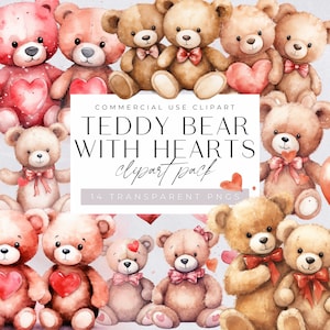 Pink Valentines Bear Clipart, Watercolor Teddy with Love Heart Balloon Clip Art, Valentines Animal Graphics, Romance Png, Commercial Use