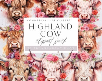 Valentines Day Highland Cow Clipart, Cute Brown Cow with Flowers Clip Art, Commercial Use, Nursery Wall Art, Transparent PNGs, Farm Animals