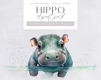 Hippo Clipart Watercolor, Hippopotamus Clipart for commercial use, Cute Hippo Transparent PNGs,  Baby Hippo Watercolor, Nursery Clipart,