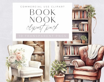 Cozy Autumn Clipart Books, Book Shelf & Chair, Watercolor Vintage Brown Pile Of Books, Bookworm, Book Lovers, Reading Library, Fall Clip Art