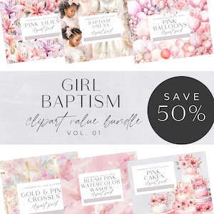 Baptism Dress Clipart Bundle, White Girls Christening, Watercolor, Pink Lily, Balloons, Religious Celebration, Flower Girl, Transparent PNG