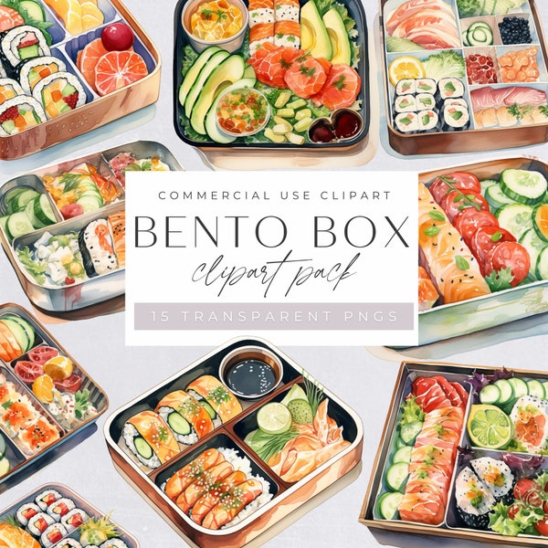 Bento Box Clip Art, Clipart de boîte à lunch de nourriture japonaise, graphiques de rentrée scolaire, png d’aliments sains, cartes de notes pour enfants, utilisation commerciale