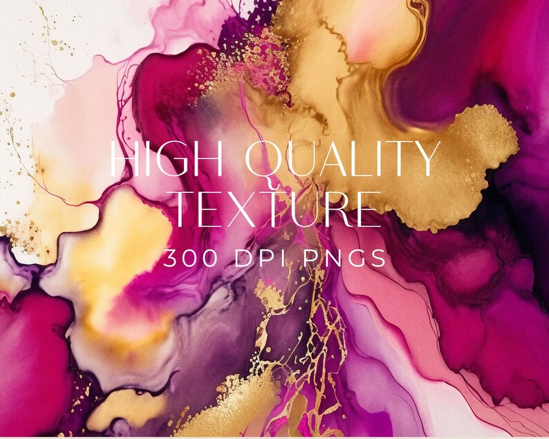 Op de afbeelding: Abstract digitaal papier met roze, paarse en gouden swirls. Hoge kwaliteit textuur. 300 DPI PNG's.