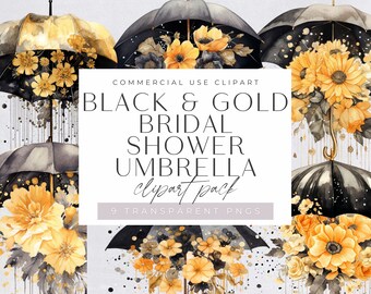 Bridal Shower Umbrella Clipart Pack, Black & Gold Floral Watercolor Umbrella Clipart, commercial use, Transparent PNGs, Wedding Invitation