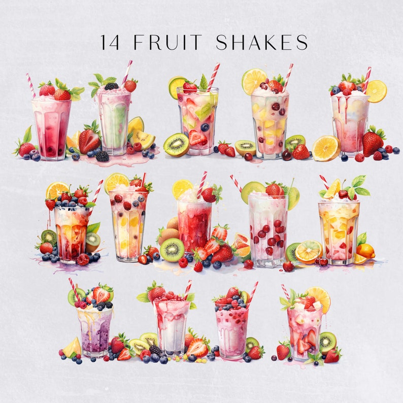 a bunch of fruit shakes are arranged in a row