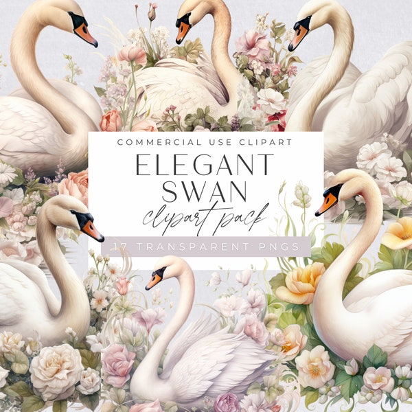 Swan Clipart, Watercolor Swan Illustration, Bird and Florals Clip Art, Wedding Invitation Graphics, Baby Swan, Junk Journal, Commericial Use