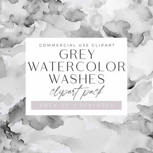 May include: A digital download of 9 grey watercolor wash textures. The textures are perfect for adding a subtle, organic touch to your designs.  COMMERCIAL USE CLIPART GREY WATERCOLOR WASHES clipart pack PACK OF 9 TEXTURES