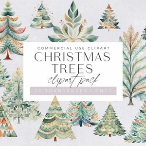 Clipart di alberi di Natale stravaganti, Clipart di alberi di Natale decorati, Alberi nordici acquerellati con regali, Clip art natalizia, Creazione di biglietti