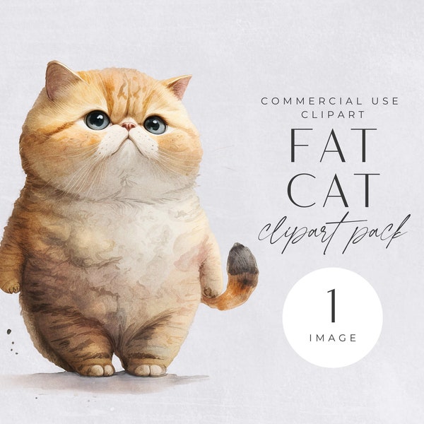 Fat Cat Clipart, | SINGLE IMAGE | Commercial License, Watercolor Overweight Cats, Pet Animals, Kitty Clip Art, Kawaii Breed, Ginger Tabby