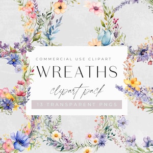 Wild Flower Wreath Clipart Bundle, Watercolor Garden clipart, Floral Wreaths, Delicate Flower, Wedding Invitation Clip Art, transparent png