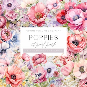 Aquarell Clipart Mohnblumen, Frühlingsblumenstrauß, kommerzielle Nutzung, transparente PNGs, Wildblumen, Grußkarten, Hochzeitseinladungen