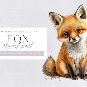 Cute Fox Watercolor Clipart, Baby Animal Clip art for commercial use, Transparent PNGs, Woodland Animals, Nursery,  Fox Illustration,