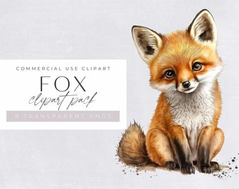 Cute Fox Watercolor Clipart, Baby Animal Clip art for commercial use, Transparent PNGs, Woodland Animals, Nursery,  Fox Illustration,