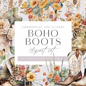 Watercolor Cowboy Boots with Flowers Clipart Pack, Clipart for commercial use, Transparent PNGs, Boho Cowgirl Boots, Bohemian flower Western