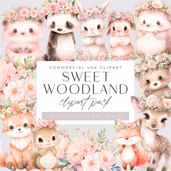 Whimsical Animals Clipart, Cute Pink Woodland Babies with flowers, Watercolor Forest Baby Clip Art, for commercial use, Transparent PNGs,