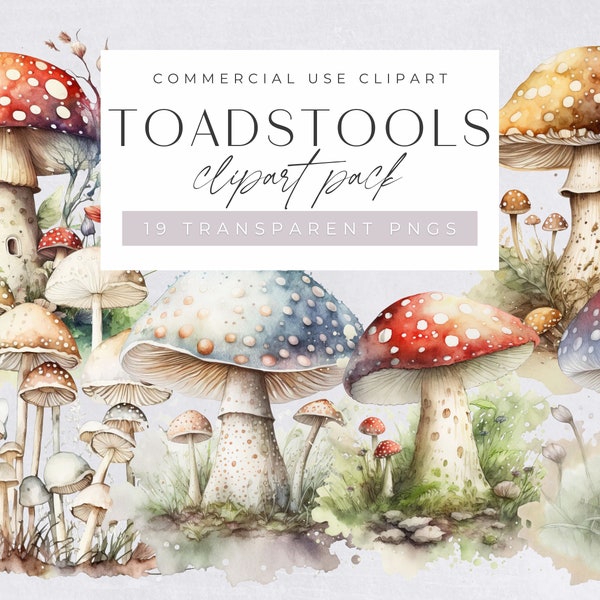 Watercolor Toadstools png clipart,  Magical Enchanted Forest Mushrooms, Woodland & Fantasy Clip Art, Digital Download, Commercial Use