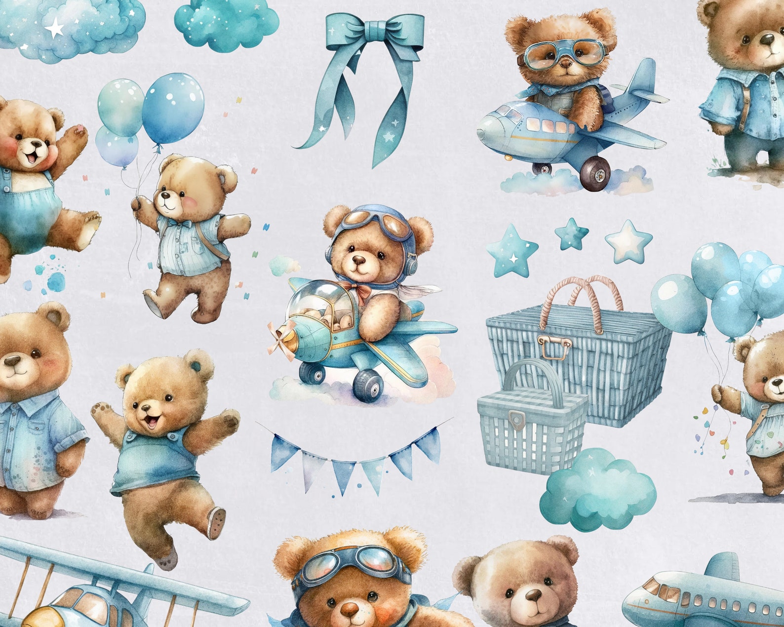 Watercolor Teddy Bear Clip Art Clipart Pack, Baby Shower for a Boy ...