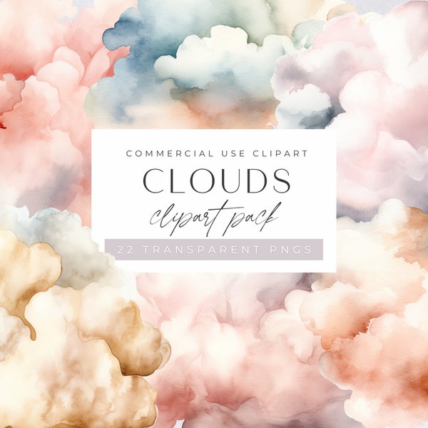 Watercolor Clouds Clipart. Weather illustration Clipart, Commercial Use, Baby Shower, Nursery Clipart, Rainbow and Sky, Instant Download