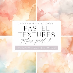 May include: A collection of watercolor textures in pastel colors, including peach, orange, and blue hues. The image features the text "COMMERCIAL USE CLIPART" and "PASTEL TEXTURES Texture pack 2 PACK OF 20 TEXTURES". The textures have a soft, blended appearance.