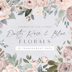 Dusty Rose and Blue Floral Watercolor Clipart Pack, Watercolor Flowers Clipart Commercial, Floral Bouquet Clip art, Transparent PNGs,