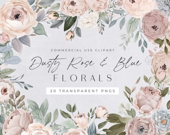 Dusty Rose and Blue Floral Watercolor Clipart Pack, Watercolor Flowers Clipart Commercial, Floral Bouquet Clip art, Transparent PNGs,