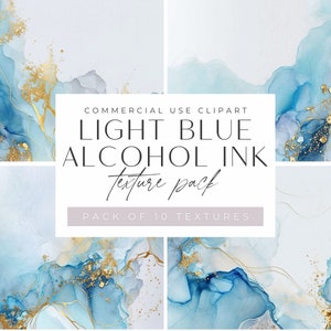 May include: A set of 10 digital textures featuring light blue alcohol ink with gold accents.  The textures are perfect for creating backgrounds, patterns, and designs.  COMMERCIAL USE CLIPART LIGHT BLUE ALCOHOL INK texture pack PACK OF 10 TEXTURES