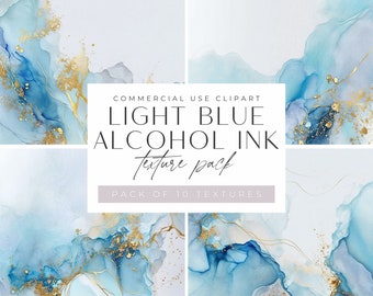 Lichtblauwe en gouden alcoholinkttextuur, transparante png-clipart, kleurrijke achtergronden en patronen, vloeibare inkt clipart, kleurrijke illustratie