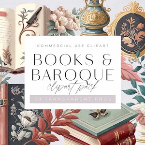 Baroque Books Clipart Pack, Clipart for commercial use, Gouache, Book Lover, Reading Vintage Clipart, Library Transparent PNGs