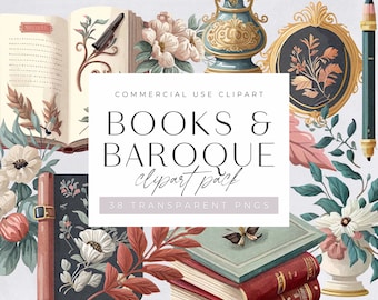 Pacchetto Clipart di libri barocchi, Clipart per uso commerciale, Guazzo, Amante dei libri, Lettura Clipart vintage, Biblioteca PNG trasparenti