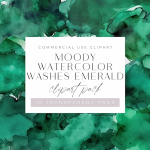 Emerald Green Watercolor Washes Clipart, Dark and Moody Green Texture Backgrounds for commercial use, Transparent PNGs, Digital Download