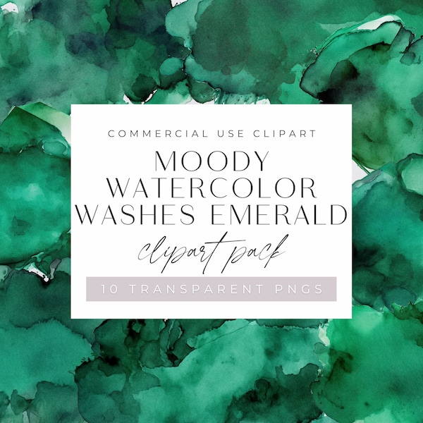 Emerald Green Watercolor Washes Clipart, Dark and Moody Green Texture Backgrounds for commercial use, Transparent PNGs, Digital Download