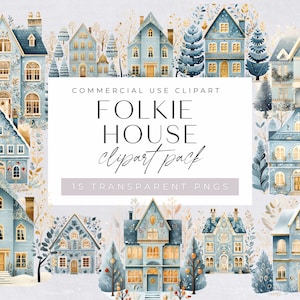 Imágenes prediseñadas de casa de invierno, cabaña de pueblo peculiar en acuarela, gráficos navideños, casas pastel peculiares, folklore, manualidades digitales, uso comercial