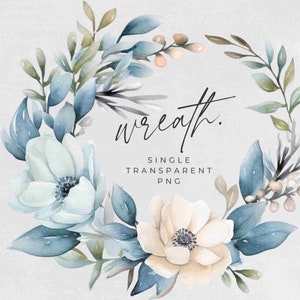 Watercolor Winter Wreath Clipart, SINGLE IMAGE, Blue Floral Watercolor, Half Wreaths, Wedding Invitation, transparent png, Commercial Use