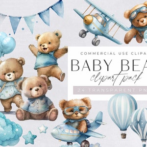 Pack de cliparts aquarelle ours en peluche, baby shower pour un garçon, clipart à usage commercial, PNG transparents, ballons avion bleus