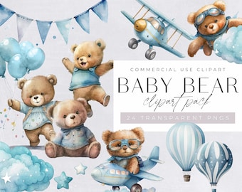 Watercolor Teddy Bear Clip Art Clipart Pack, Baby Shower for a boy, Clipart for commercial use, Transparent PNGs, Blue Aeroplane Balloons