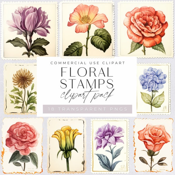 Post Stamp Png, Floral Postage Stamps Clipart, Mail Clip Art, Flower Postcard and Envelope Stamp Graphics, Commerical Use, Digital Download
