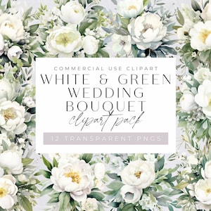 Pacote de clipart de buquê de casamento branco e verde, flores em aquarela, buquê floral de verão para uso comercial, convites, PNGs transparentes,