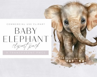 Baby Elephant Watercolor Clipart, Cute Clip art for commercial use, Transparent PNGs, African Safari Zoo Animal, Elephant Babies, Nursery