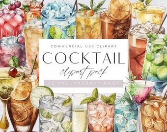 Cocktail Clip Art for commercial use, Cocktail Party Clipart, Summer Fruit Drinks, Wine Glass, Tropical Cocktail Graphics