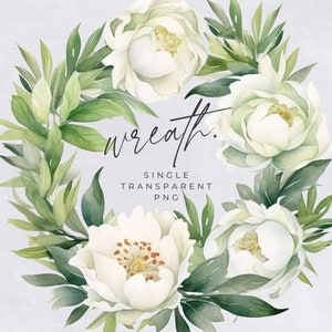 Magnolia Wreath Clipart, SINGLE IMAGE, Floral Watercolor Half Wreaths, White Flowers, Wedding Invitation, transparent png, Commercial Use