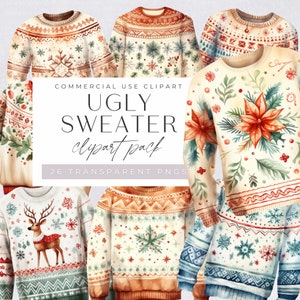 Ugly Xmas Sweater Clipart, Christmas Jumper Clip Art, Cosy Winter Sweatshirt, Watercolor Knit Jumpers, Card Making, Paper Crafts, Commercial