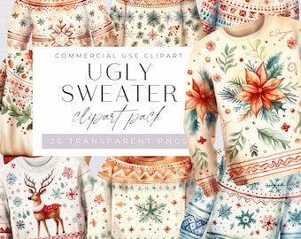 Ugly Xmas Sweater Clipart, Christmas Jumper Clip Art, Cosy Winter Sweatshirt, Watercolor Knit Jumpers, Card Making, Paper Crafts, Commercial