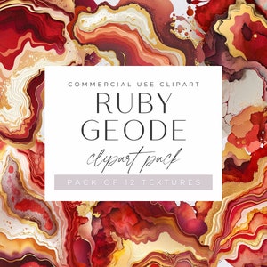 May include: A digital clipart pack of 12 ruby geode textures. The textures feature a swirling pattern of red, orange, and gold colors.